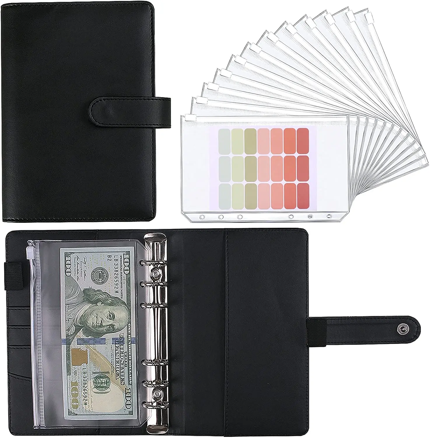 New A5 A6 Budget Binder Planner With 12 Pieces Cash Envelopes, Colorful PU Leather Notebook Binder With 12 PCS A6 Binder Pockets