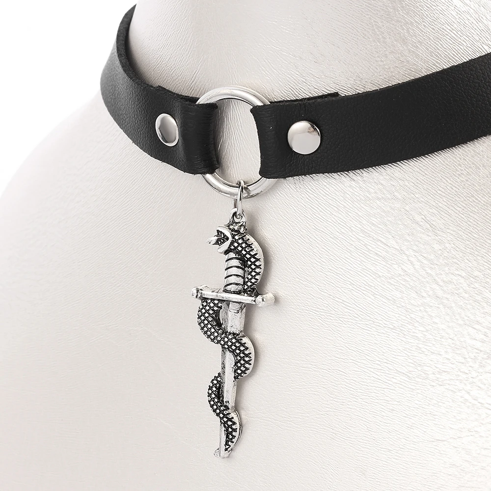 Snake Sword Choker Necklace For Women Fashion vintage Black leather Silver Color Dagger Pendant Necklaces Jewelry Gift Wholesale