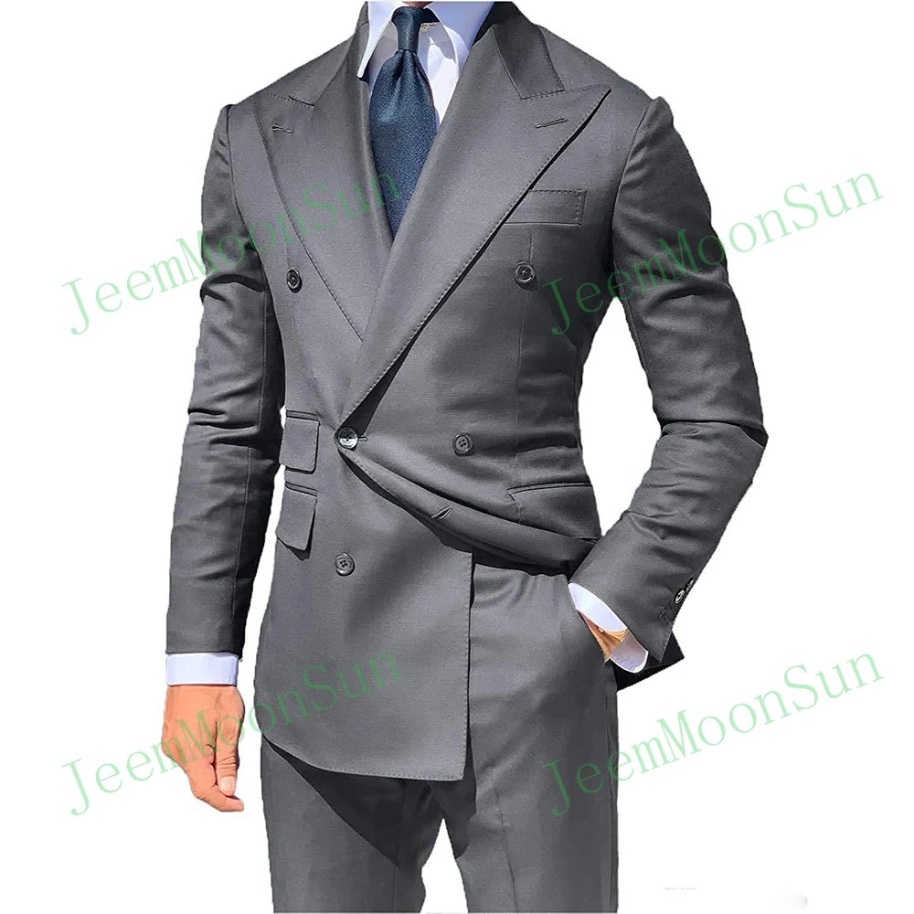 Tailor Made Grey Men Suits Peak Lapel  Men Blazer Two Piece Jacket Black Pants Slim Fit Groom Wedding Tuxedos Costume Homme