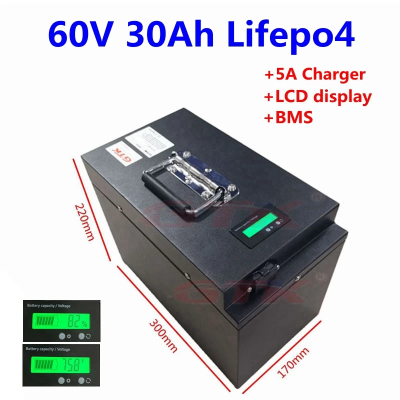 GTK-Batterie au lithium veFepo4, 60V, 30Ah, 25Ah, avec BMS, écran LCD, pour tricycle 72V, deux roues, moto