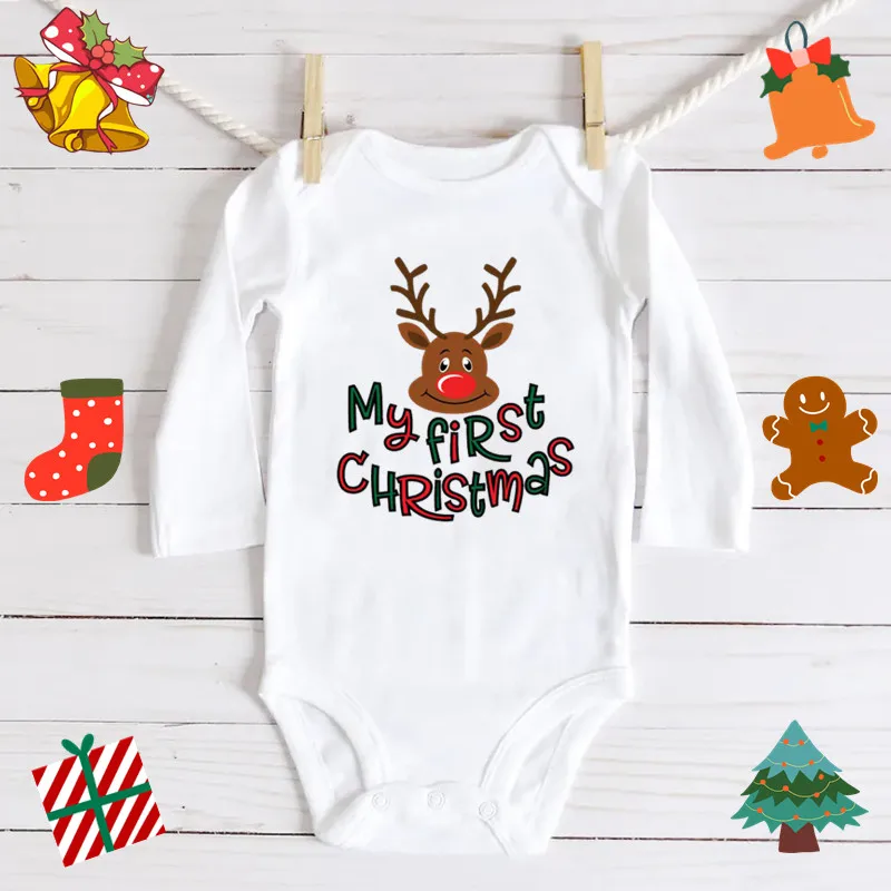 My First Christmas Long Sleeve Bodysuit For Baby Boys Girls Clothes Cute Reindeer Print Christmas Clothes For Baby Girl