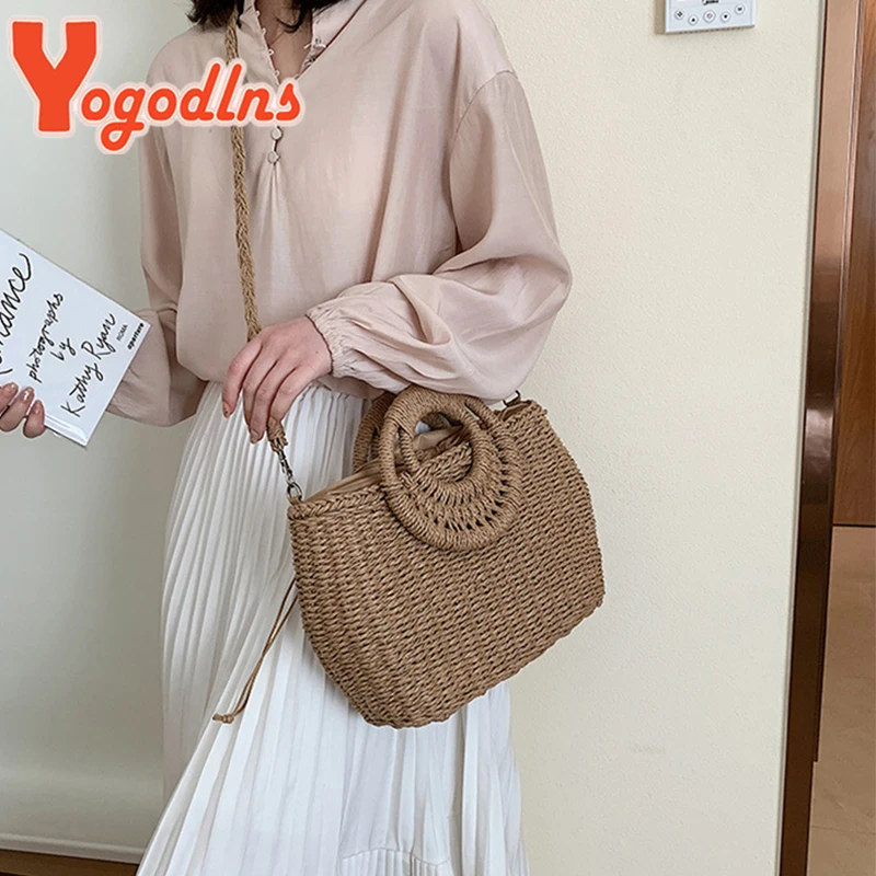 Summer Women Straw Beach Bag Handmade Crossbody Bag Raffia Circle Rattan Bags Bohemian Casual Woven Basket bags