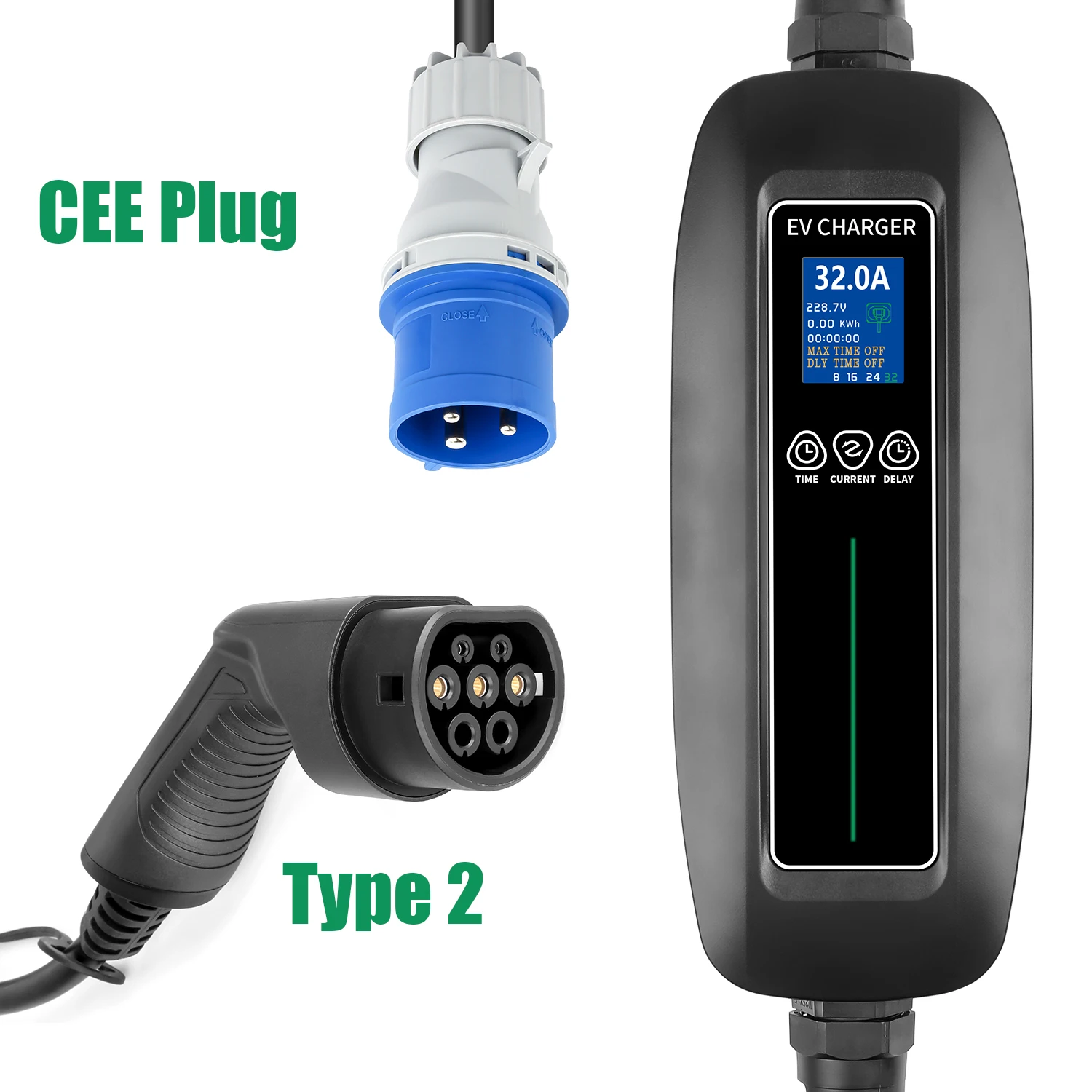 EVSE, Chargeur EV Portable de Type 2 avec 1 Phase et Câble IEC, 8, 16, 24 et 32A pour Véhicule Électrique Audi, 62196-2