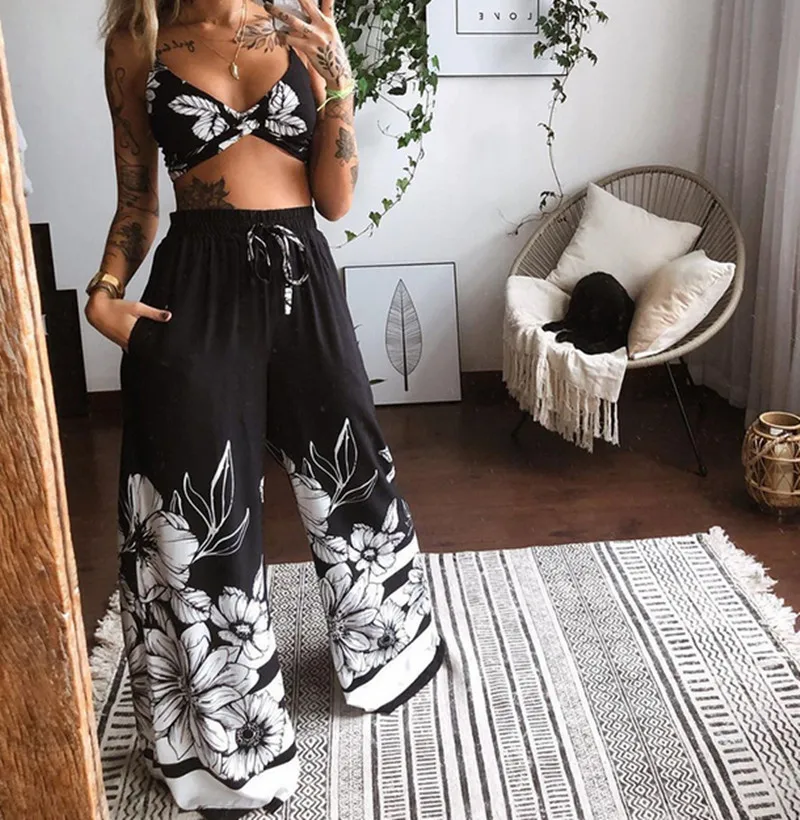 Two-Piece Suit Summer Women Boho Beach Style Print Underwear Loose Wide Leg Pants 2pcs Outfits Tracksuit Sets 2021