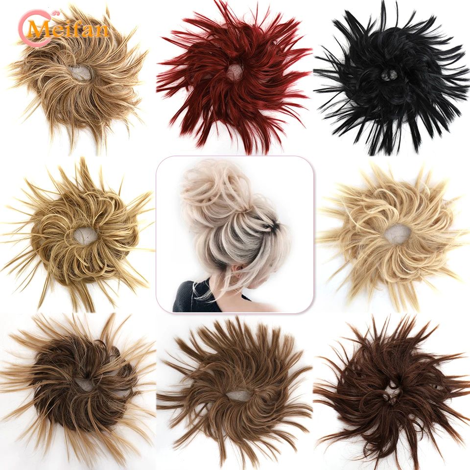 MEIFAN Synthetic Messy Fluffy Hair Bun Tousled Hairpiece Elastic Band Chignon Scrunchie Ponytail Extensions Hair Bow for women images - 6