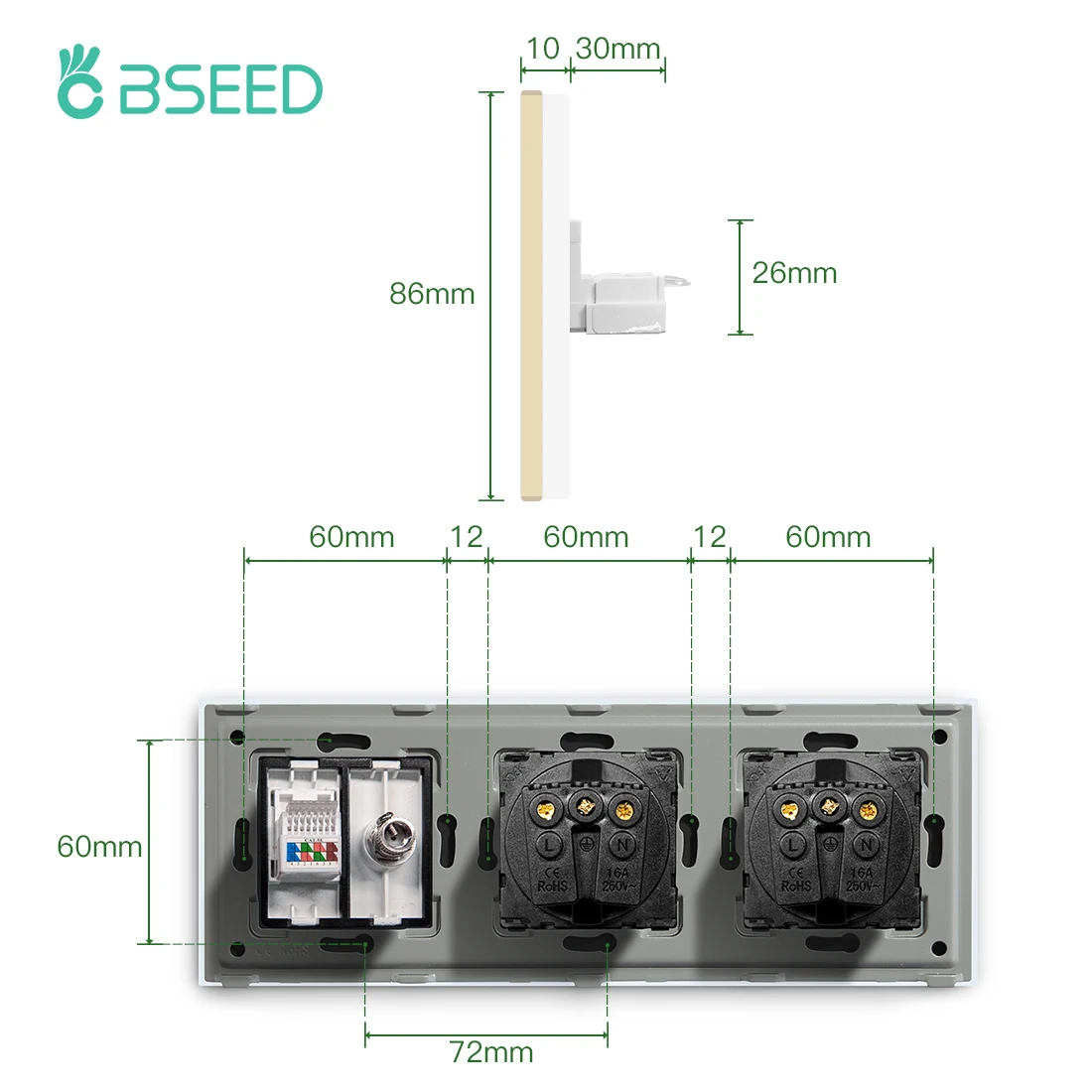 Bseed Europe Standard Double Wall Socket With TV Computer Plug Sockets Triple USB Type-C Charge Ports With Crystal Glass Panel