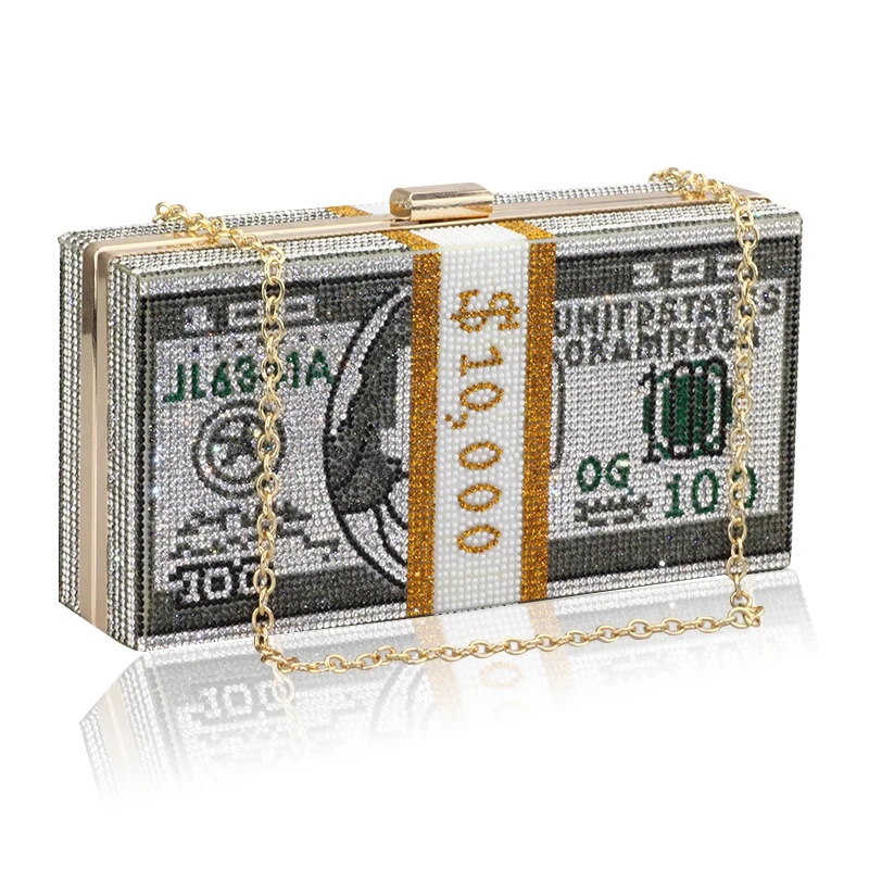 Usdollar Pattern Stack of Cash Designer Box Should Women Money Clutch Wallet Evening Bag Diamond Party Cocktail Purse Handbag