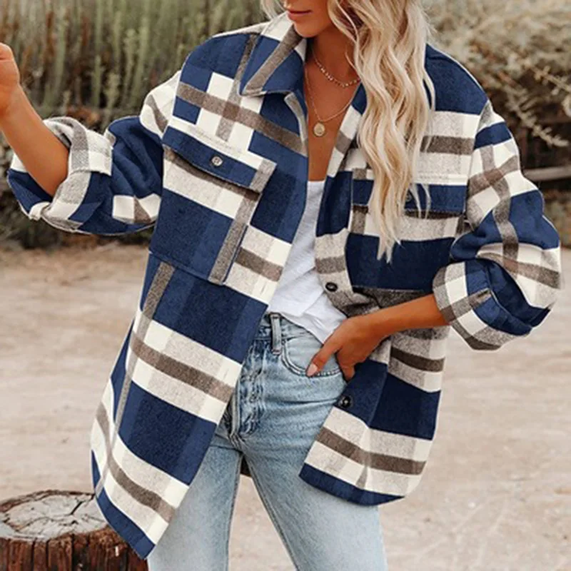 New Women's Coat Autumn and Winter Plaid Button Shirt Woolen Coat Jacket Keep Warm Loose and Casual Ladies Jacket Plus Size