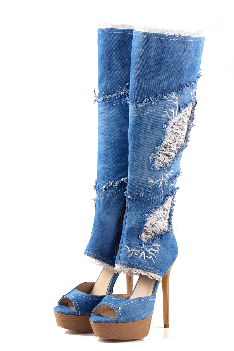 Women Denim Open Toe Stilettos Heel Tight High Boots High Platform Lace Jeans Knee High Sandals Boots Shoes Real Photo Shoes
