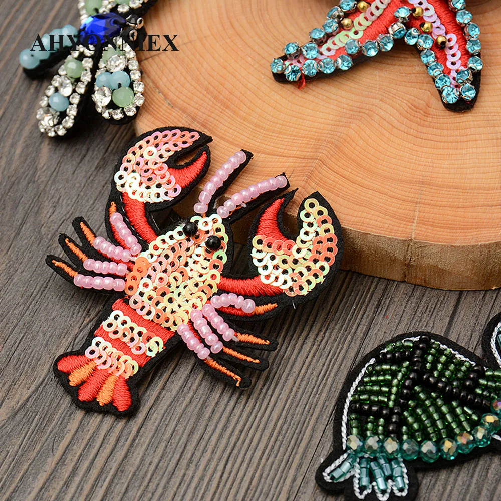 AHYONNIEX Handmade ocean world beads rhinestones patches sew on beading applique clothes shoes bags decoration tortoise patch