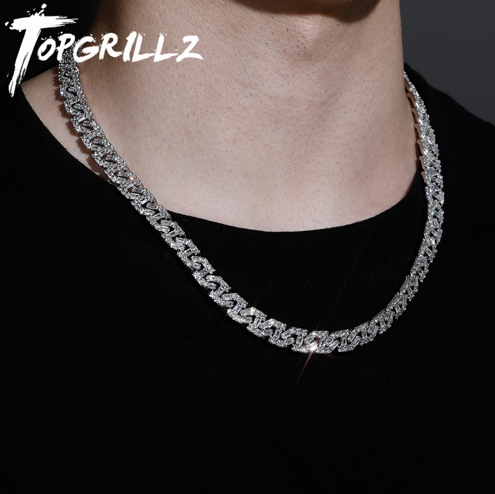 

TOPGRILLZ High Quality 9mm Iced Out Baguette Cuban Necklace With New Spring Clasp Hip Hop Jewelry Men Women Party Jewelry