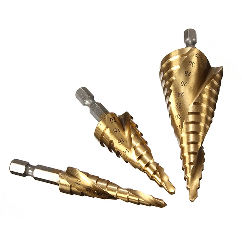 3pcs Golden HSS Helix Spiral Grooved Step Drill Bits Titanium Coated Cut Set Hole Cutter 1/4" Hex Shank