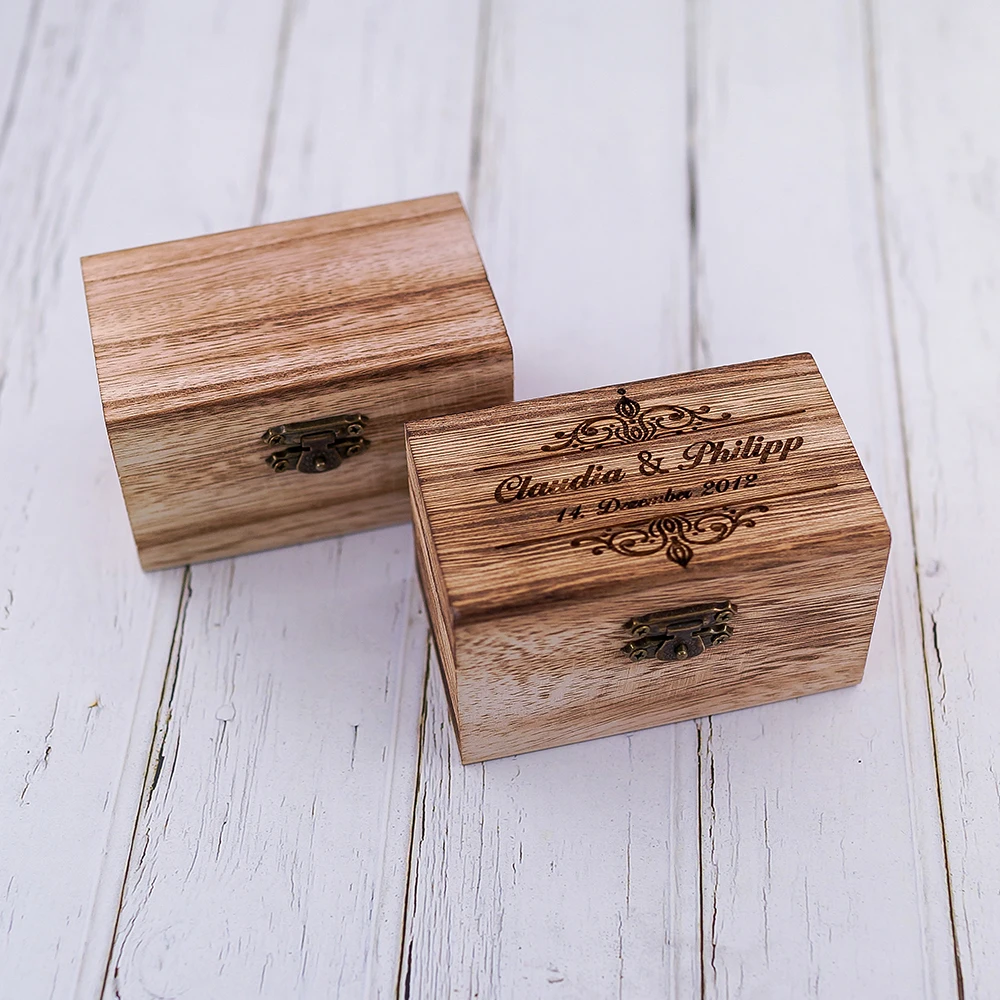 Personalized Wood Wedding Wooden Ring Box Holder Custom Your Names and Date Wedding Ring Bearer Box