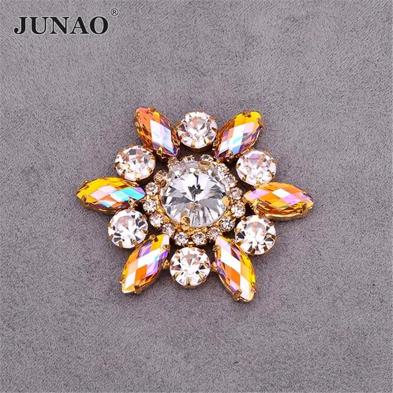 JUNAO 2pcs 36mm Big Size Sewing Yellow AB Flower Rhinestone Glass Applique Sew On Claw Crystal Strass for DIY Clothing Shoes