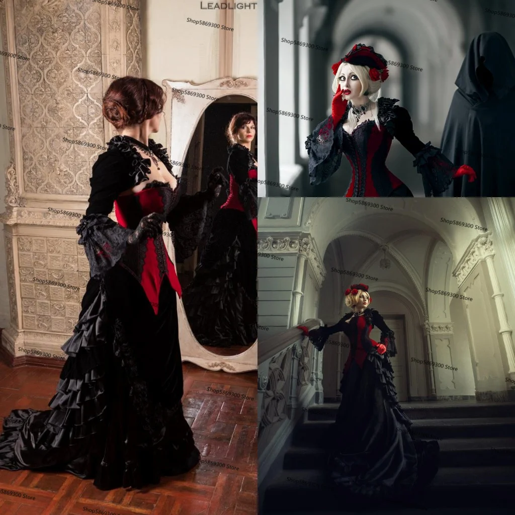 Fluwelen Victoriaanse Corset Trouwjurken Zwart Rood Vampire Gothic Evil Queen Victoriaanse Bruidsjurk Rok Met Lange Mouwen