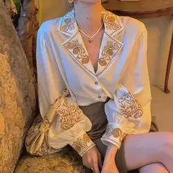 New Women Luxury Vintage Embroidery Floral Blouses Long Lantern Sleeve Shirts Woman Party Nice Elegant Blouses Tops NS709