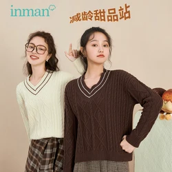 INMAN Women's Sweater Autumn Winter Preppy Casual Twist Texture V-neck Loose All-match Pullover Top