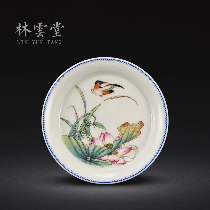 hand-painted lotus bird enamel pot appreciation plate Jingdezhen hand-made ceramic high foot fruit plate ornaments