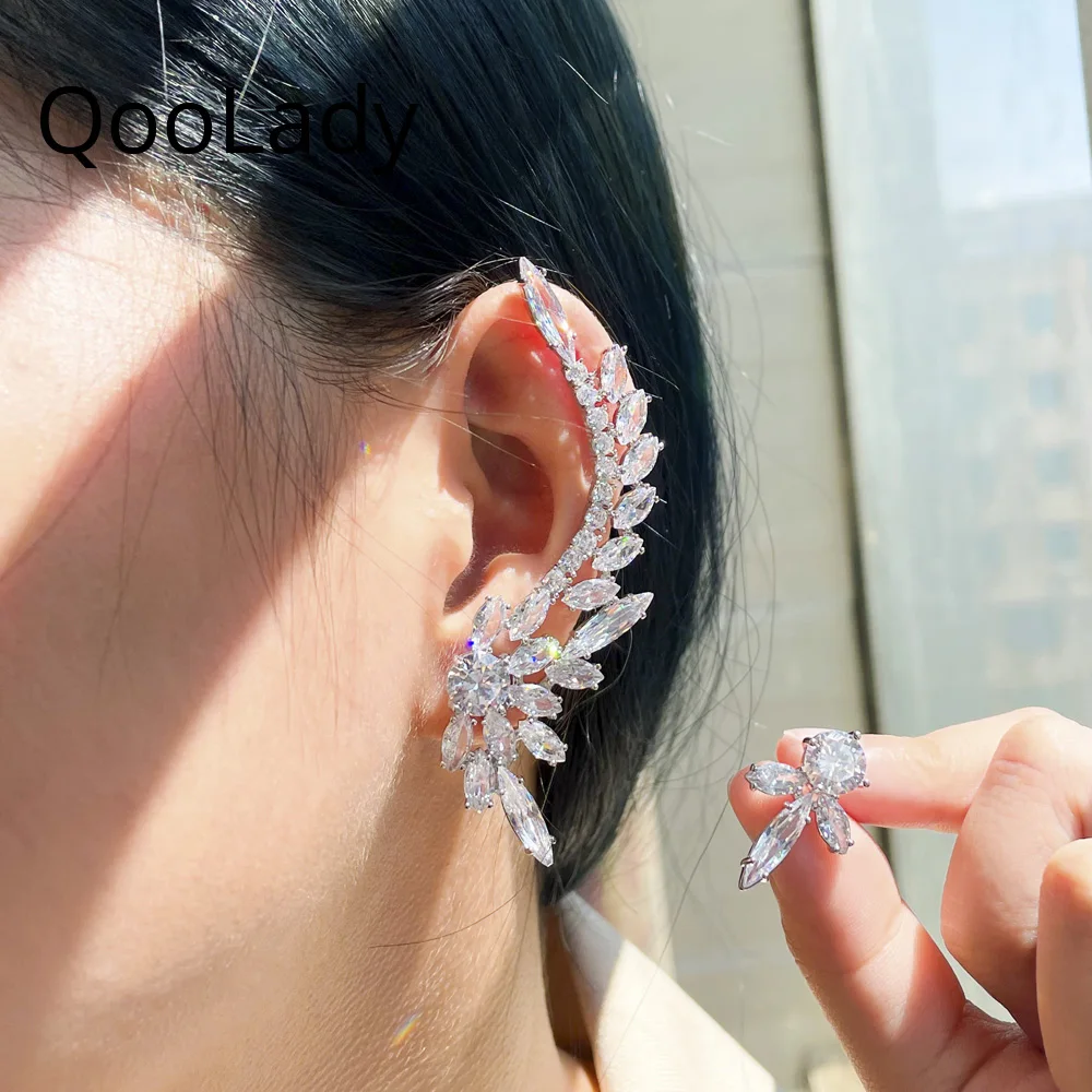 

QooLady 2023 New Asymmetric Sparkly White Luxury Long Cubic Zirconia Crystal Climber Ear Cuff Earrings Brides Star Jewelry E068