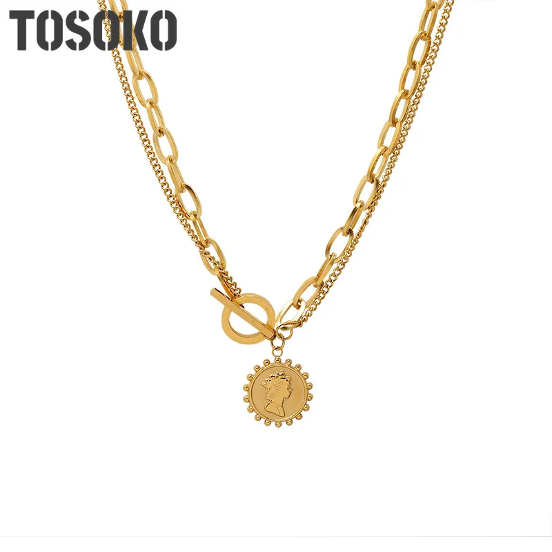 

TOSOKO Stainless Steel Jewelry Queen Wave Edge Double-Layer OT Buckle Women's Fashion Double-Layer Stacked Necklace BSP968