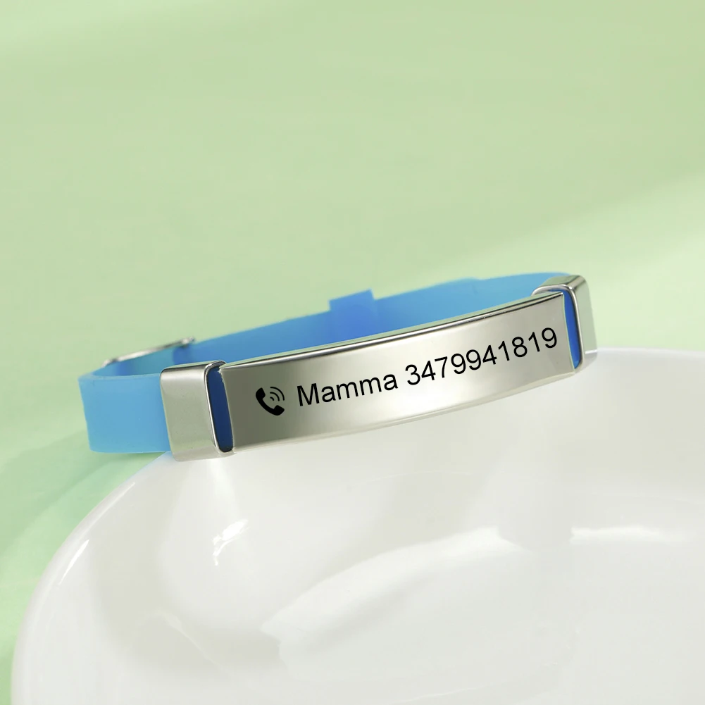 Personalized ID Bracelet Kids Children Adjustable Soft Silicone Stainless Steel Pendant Emergency Name Phone Custom Bracelets