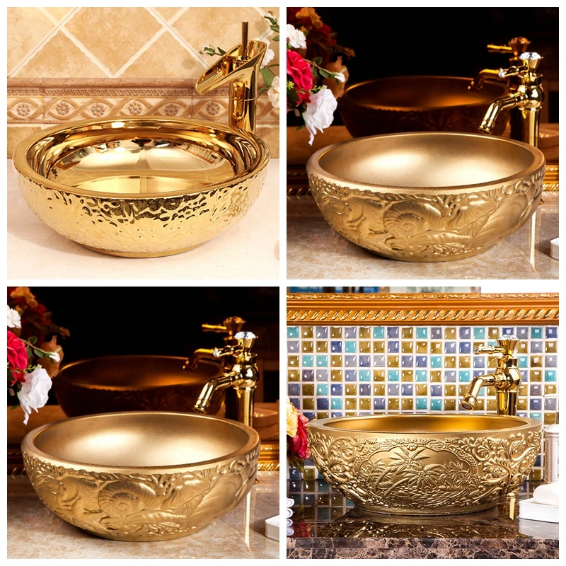 Porcelain Material Golden Carved Art Ceramic Bathroom Sink