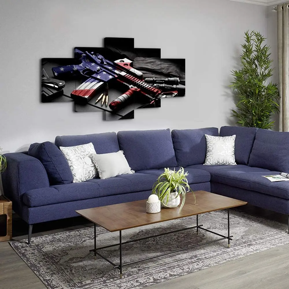 

AK Retro Gun American Flag Military Canvas Print Art Independence Day Home Decor Wall Art Pictures for Living Room 5 Panel
