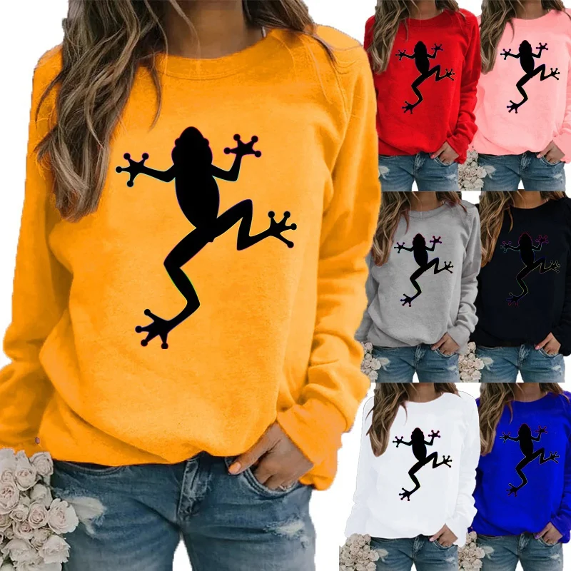 

Women's Autumn and Winter New Style Round Neck Casual Fashion Solid Color Long Sleeve Frog Print T-shirt Loose Blouse Tops
