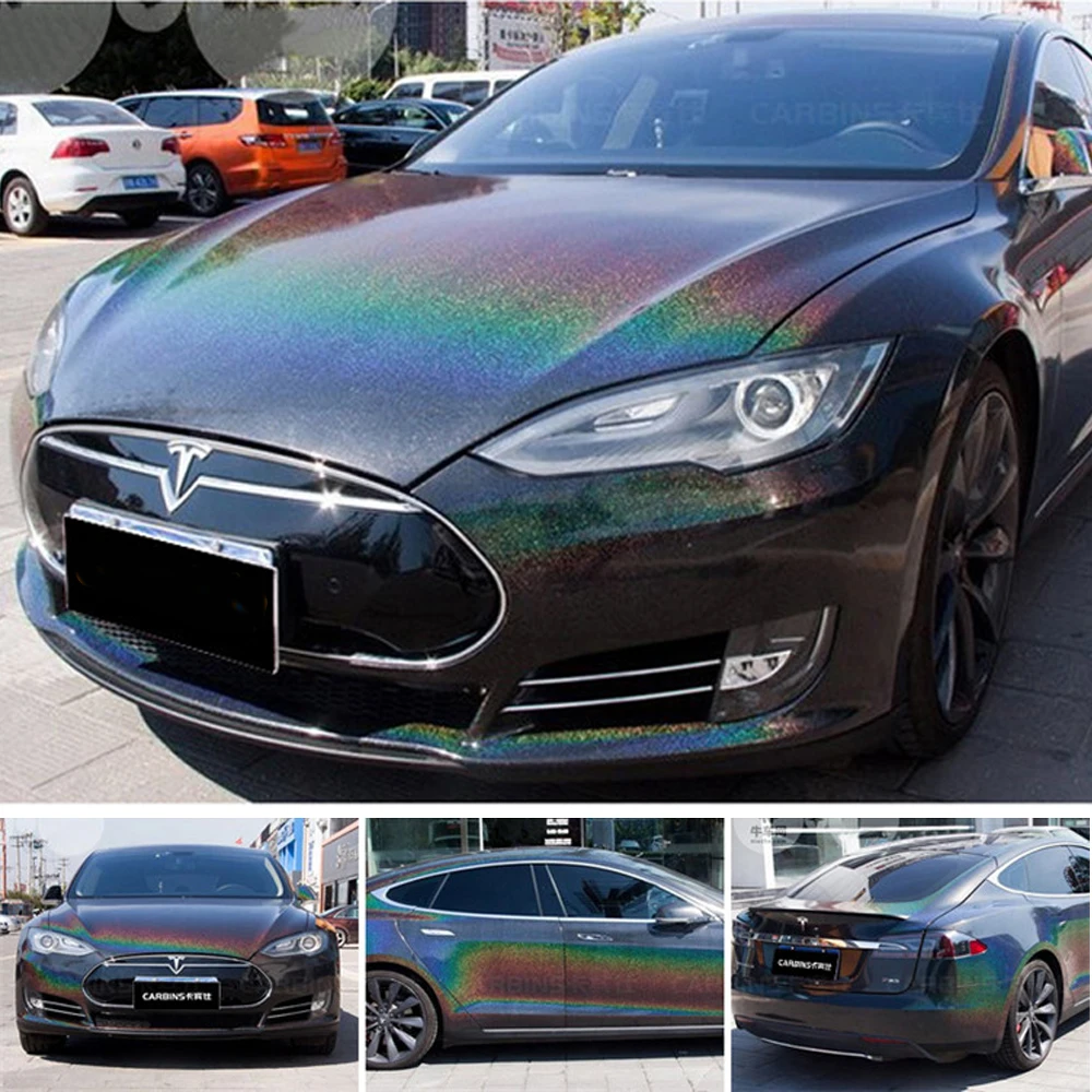 

18m x 1.52m Holographic Rainbow Laser Black Vinyl Wrap Roll Decals for Car Whole Body Wrapping, Stickers Glossy Film Roll