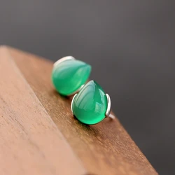 Authentic 925 Sterling Silver Lady Retro Style Charm Little Earring Inlaid Natural Green Agate Earing Trendy Style Jewelry Gift