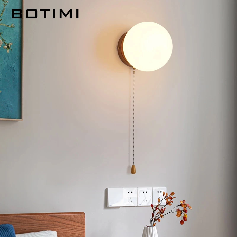 BOTIMI Nordic Globular Glass LED Wall Lights With Pull Switch Bedroom Bedside Corridor Lighting Metal Sitting Room Wall Sconce