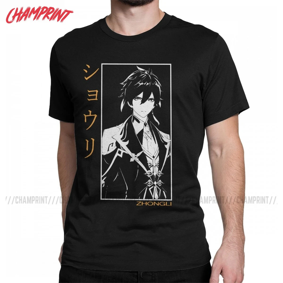 Zhongli Genshin Impact Men's T Shirt Anime Game Leisure Tee Shirt Short Sleeve Crew Neck T-Shirt Cotton Adult Clothing