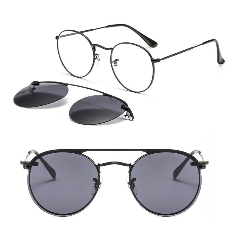 

metal clip on prescription glasses round shape trendy eyeglasses with megnatic steel clip-ons polarized sunglasses lens 3040
