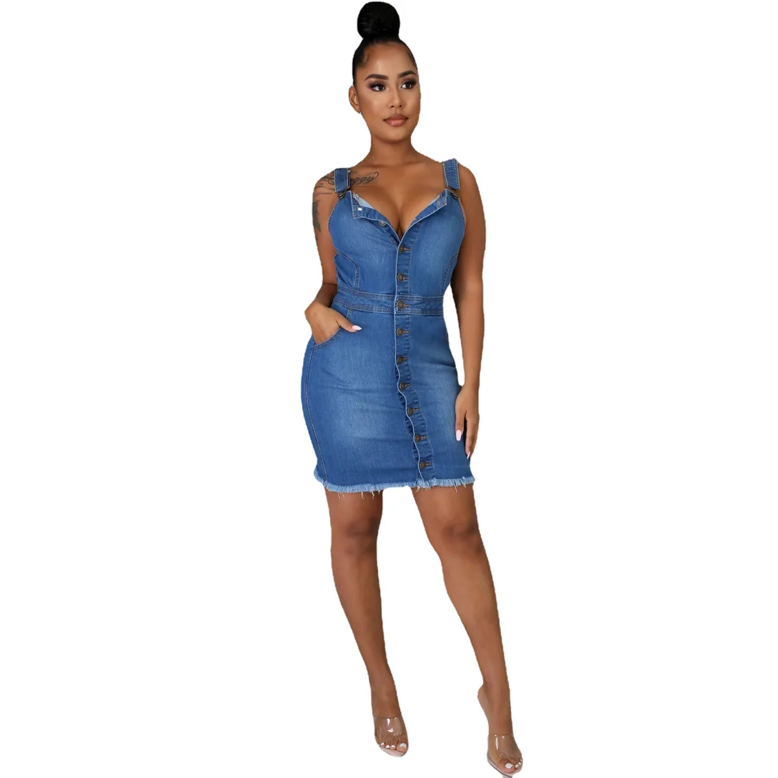 

Women Fashion Sexy Denim Mini Dress High Waist Sleeveless Button Suspender Backless Hip Slim Ladies Streetwear Short Dress