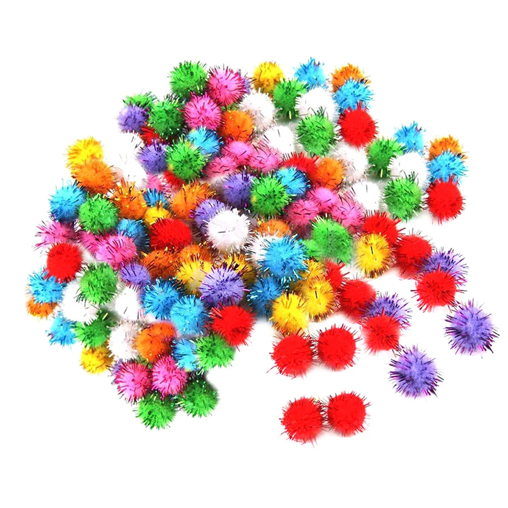 100Pcs Sparkly Glitter Tinsel Pompom Balls Small Pom Pom Ball Cat Toys 15mm