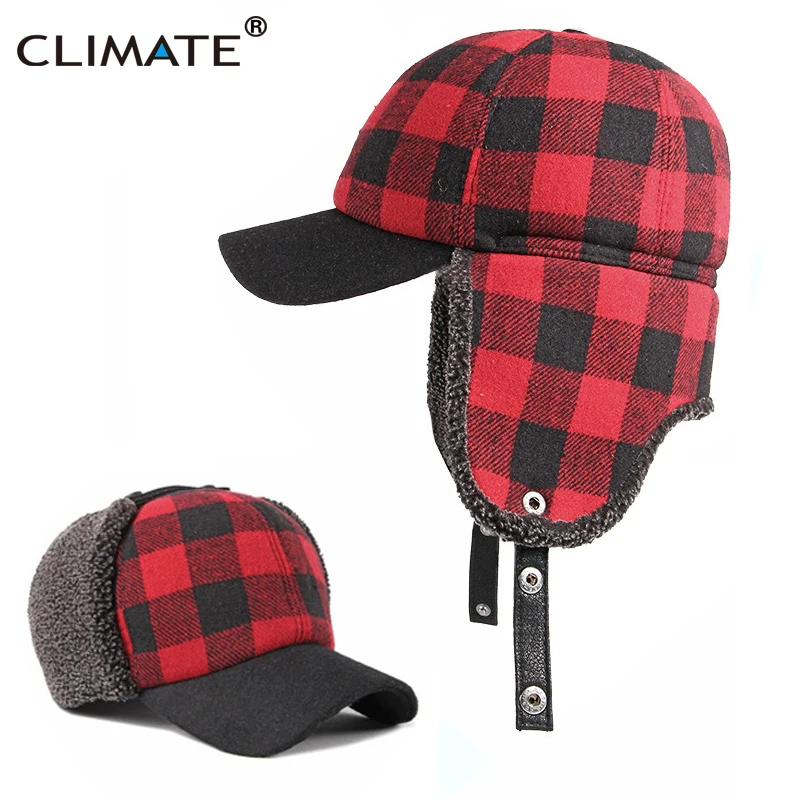 CLIMATE Fasion Plaid Ski Skiers Bomber Hat Cap Winter Outdoor Warm Baseball Cap Hat Plush Thicken Ear Protection Windproof Hat