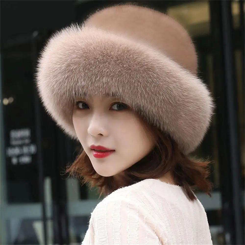 Fashion Women\'s Furry Winter Faux Fur Hat Berets Warm Cap Faux Fox Fur Brim