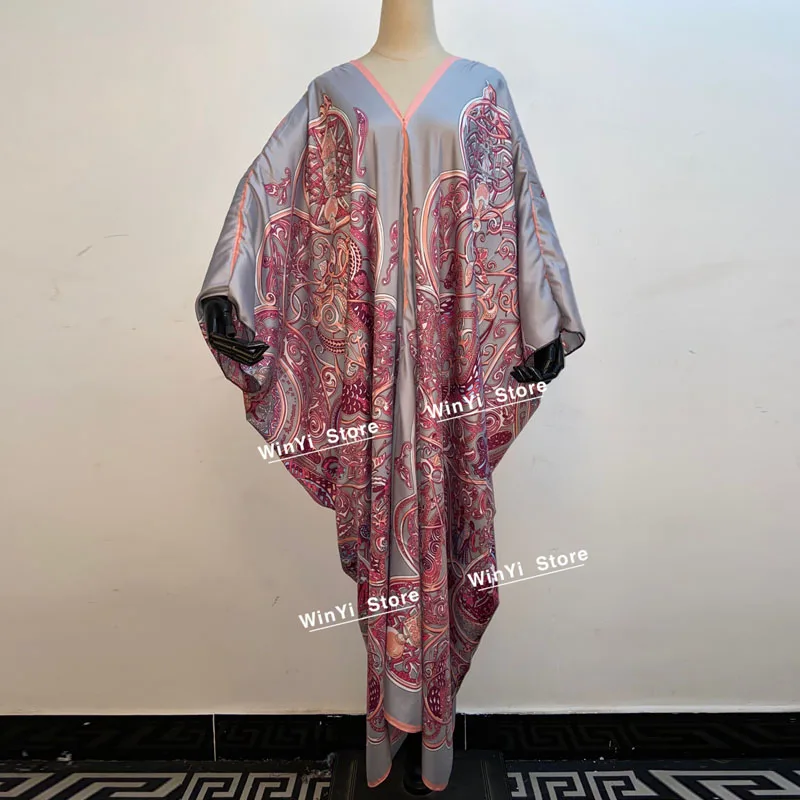 2022 WINYI Autumn Women V-Neck Long Dress  Muslim Pakistani Marocain Elegante African Lslanm Holiday Batwing Sleeve Silk Robe