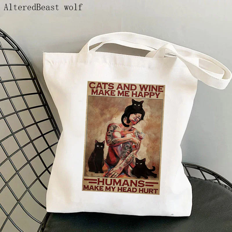 Women Shopper bag Black Cat Witch Halloween Hello Darkness My Old Friend Bag Harajuku Shopping handbag Tote Shoulder Lady Bag
