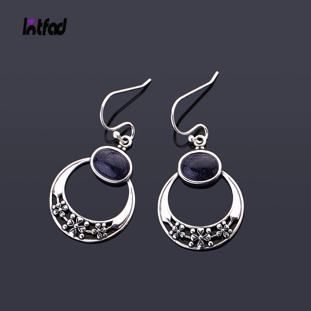 

925 Sterling Silver Drop Earring 6x8MM Natural Blue Sandstone Pendant Earrings for Women Vintage Flower Fashion Jewelry