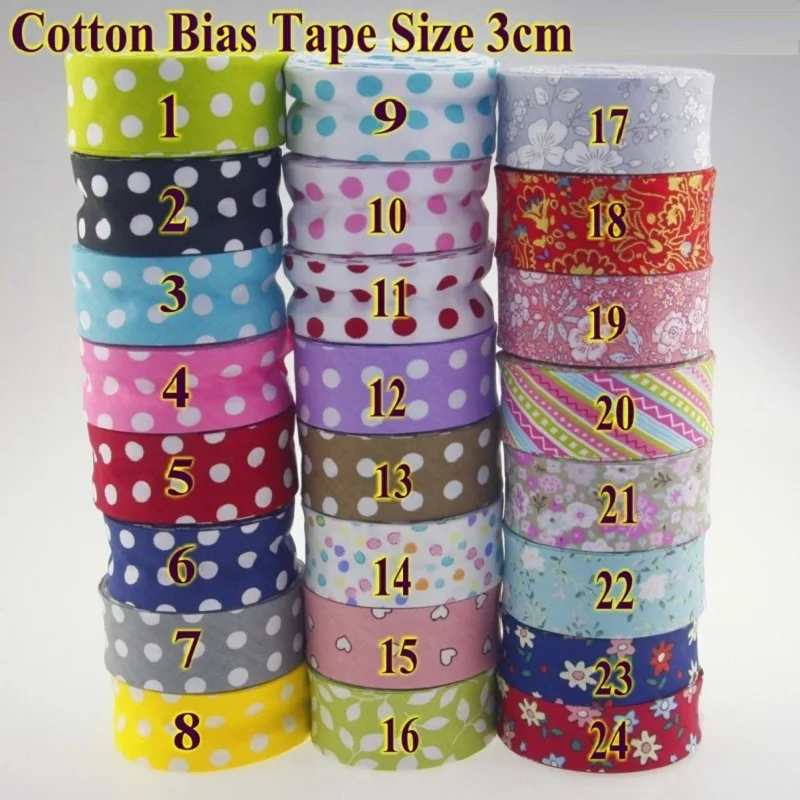 3cm Width Bias Binding Tape 100% Cotton Folded Cloth Dots Printed, Big White Spots, for DIY Sewing, 30mm x 5m