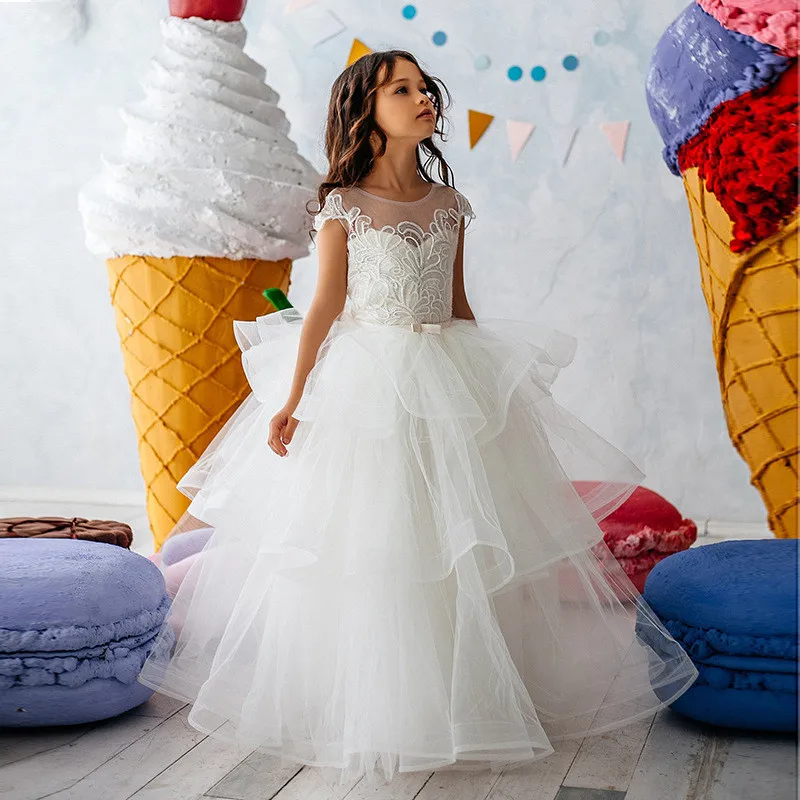 Rendas plissado pageant crianças lolita manga curta vestidos da menina flor para casamentos festa de aniversário baile de formatura beading primeiro comunhão vestidos