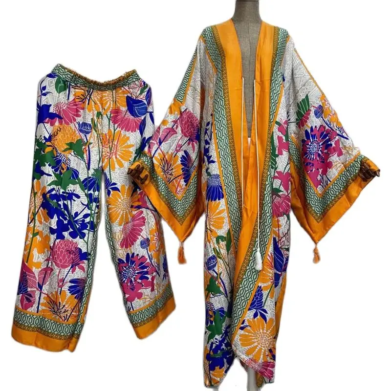 WINYI two-piece suit kimono straight leg pants Bohemian African Over Size Dress Women Elastic Floor Length Holiday kaftan