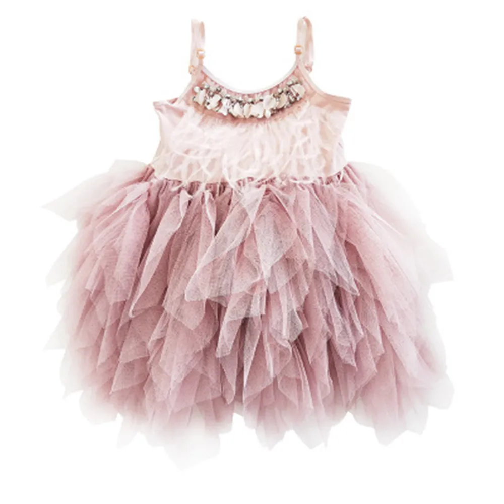 Girl Princess Dresses Heavy Work Beaded 2020 Summer Feather Pleated Tutu Dress Toddler Girls Clothes Baby 1-7 Yrs AA4487