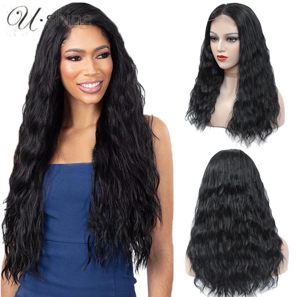 Ushine Synthetic Curly Lace Wigs 22 inch Long Hair 4×4 Lace Closure with Natural Hairline for Women Black Color