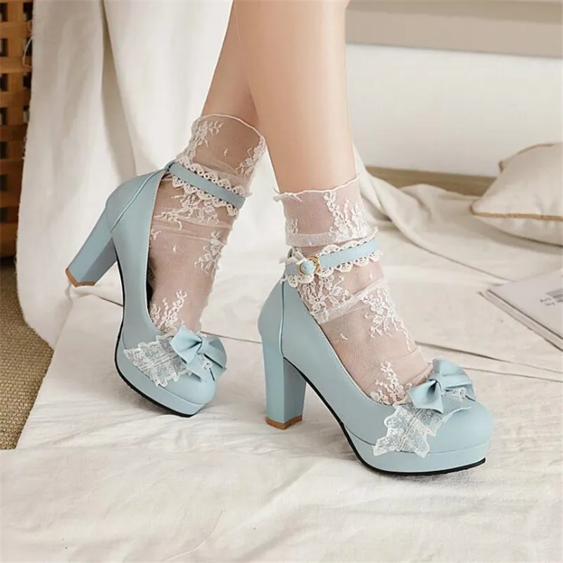 

Big Size 32-43 Girls Shoes Platform High Heels Women Pumps Sweet Bowtie Lace Women 8.5cm High Heel Shoes Party Women's Shoes