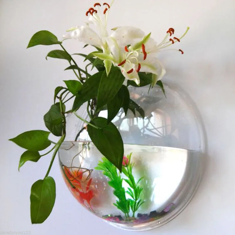 

3D Acrylic Fish Bowl Plant Pot Wall Mounted Hanging Aquarium Transparent Fish Tank Flower Plant Vase Home Decoration 2 sizes