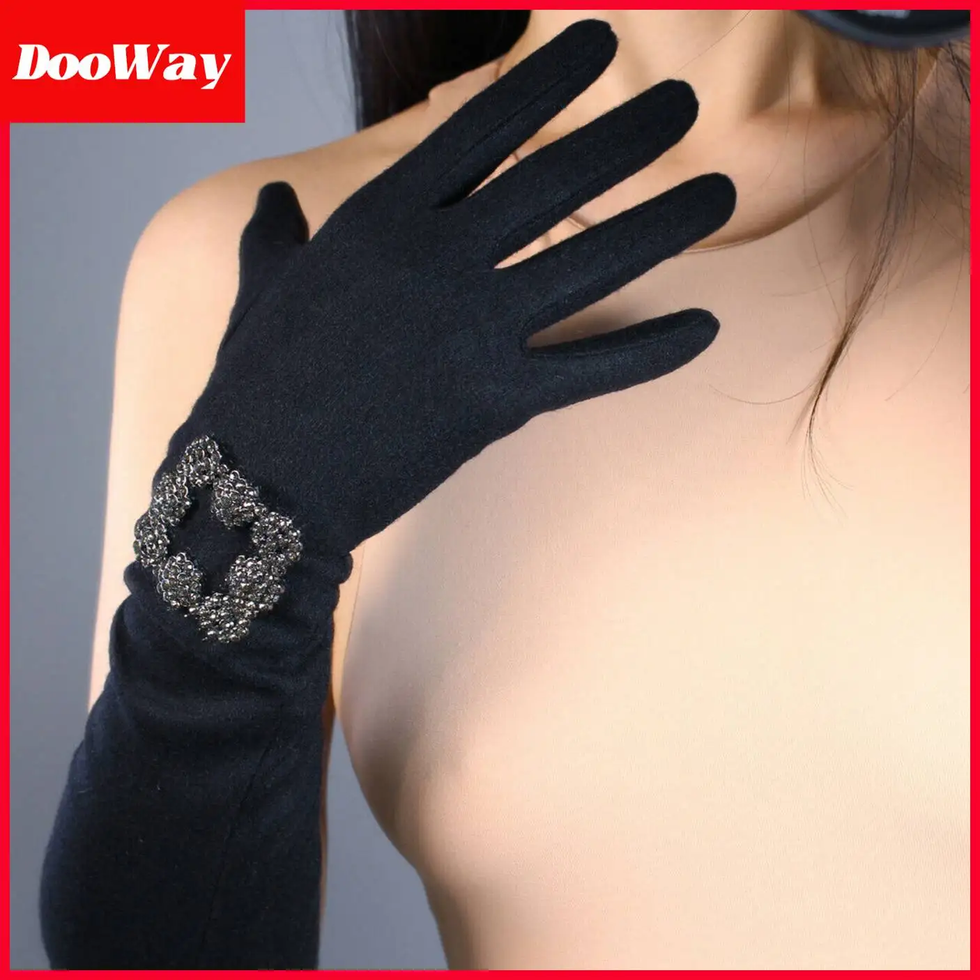 DooWay Women Black Wool Gloves Elegant Long Merino Bling Crystal Rhinestone Evening Dressing Winter Cold Weather Warm Gloves