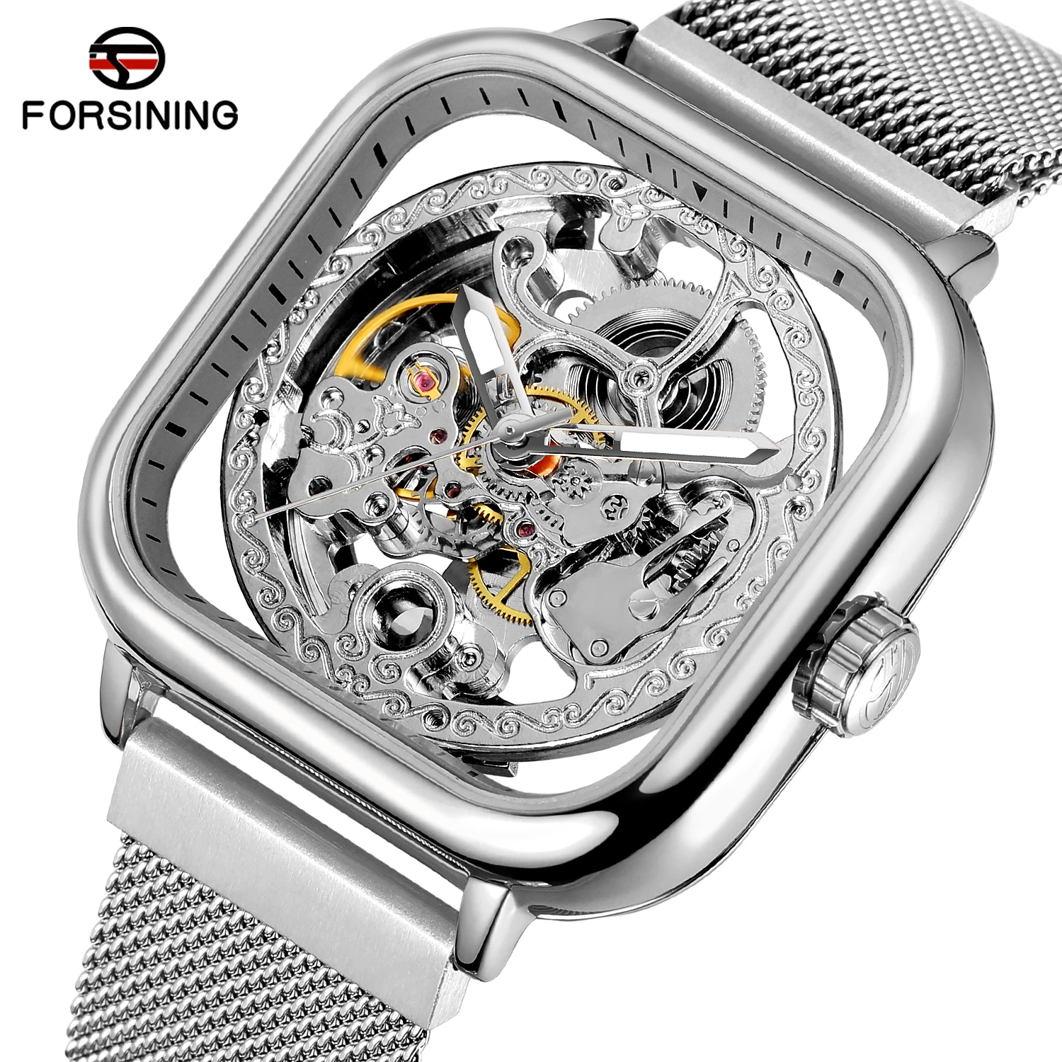 Fashion Forsining Top Men Mechanical Watches Automatic Self-wind Golden Transparent Mesh Steel Wristwatch For Man Male Hot Hour