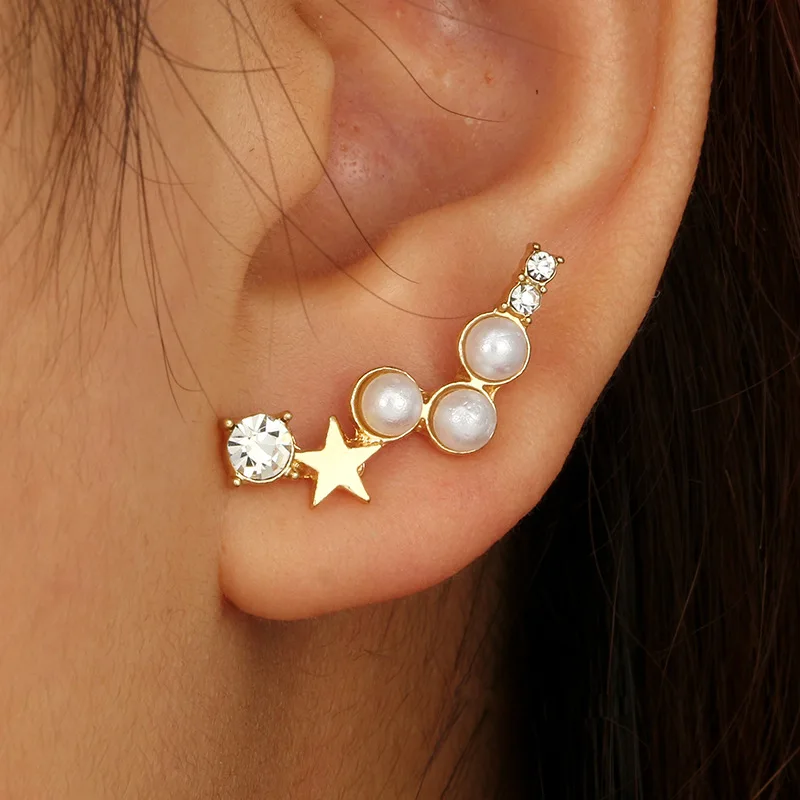 2021Korean Pearl Rhinestone Five-Pointed Star Personality Simple Earrings Temperament Ear Row Earrings Female Jewelry